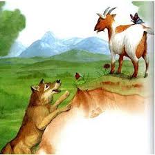 lobo e a cabra com uma borboleta nas costa subida na montanha 